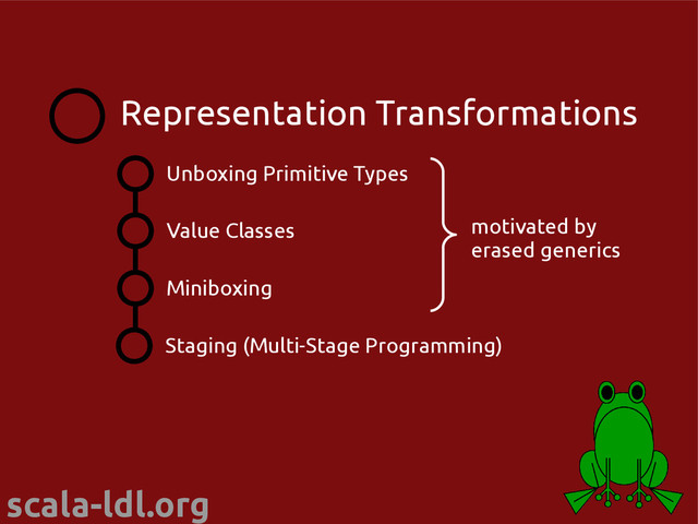 scala-ldl.org
Unboxing Primitive Types
Value Classes
Representation Transformations
Miniboxing
motivated by
erased generics
Staging (Multi-Stage Programming)
