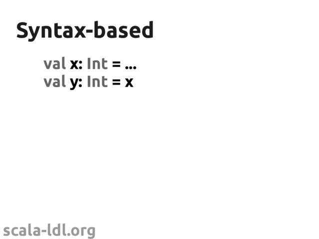 scala-ldl.org
Syntax-based
Syntax-based
val x: Int = ...
val y: Int = x
