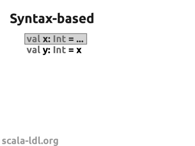 scala-ldl.org
Syntax-based
Syntax-based
val x: Int = ...
val y: Int = x
