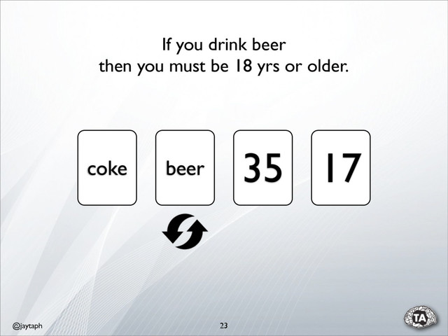 @jaytaph 23
coke beer 35 17
If you drink beer
then you must be 18 yrs or older.
