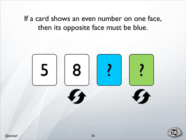 @jaytaph 26
5 8 ? ?
If a card shows an even number on one face,
then its opposite face must be blue.

