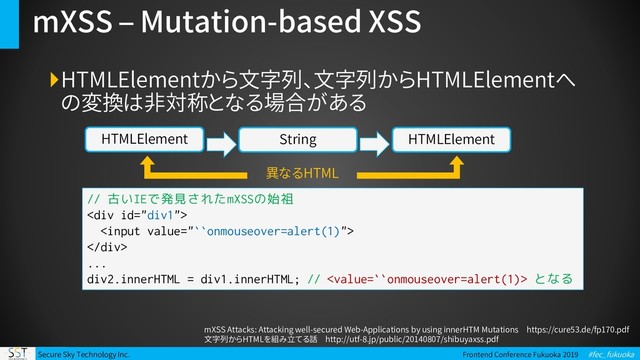 Secure Sky Technology Inc. Frontend Conference Fukuoka 2019 #fec_fukuoka
mXSS – Mutation-based XSS
HTMLElementから文字列、文字列からHTMLElementへ
の変換は非対称となる場合がある
String HTMLElement
HTMLElement
異なるHTML
// 古いIEで発見されたmXSSの始祖
<div>

</div>
...
div2.innerHTML = div1.innerHTML; //  となる
mXSS Attacks: Attacking well-secured Web-Applications by using innerHTM Mutations https://cure53.de/fp170.pdf
文字列からHTMLを組み立てる話 http://utf-8.jp/public/20140807/shibuyaxss.pdf
