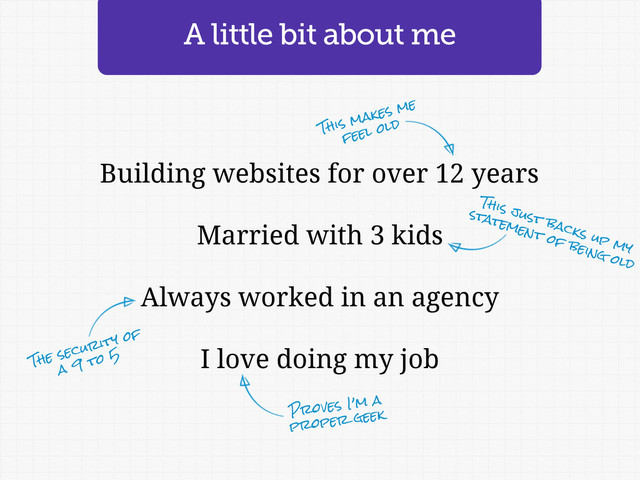 A little bit about me
Building websites for over 12 years
Married with 3 kids
Always worked in an agency
I love doing my job
This makes me
feel old
This just backs up my
statement of being old
The security of
a 9 to 5
Proves I’m a
proper geek
