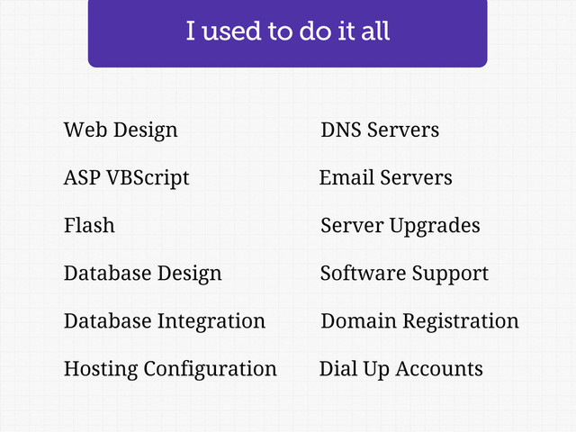 I used to do it all
Web Design DNS Servers
Email Servers
Hosting Configuration
Database Design
Database Integration
Flash
ASP VBScript
Server Upgrades
Software Support
Dial Up Accounts
Domain Registration
