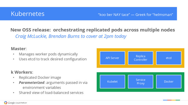 Kubernetes “koo ber NAY tace” — Greek for “helmsman”
New OSS release: orchestrating replicated pods across multiple nodes
Craig McLuckie, Brendan Burns to cover at 2pm today
Master:
• Manages worker pods dynamically
• Uses etcd to track desired configuration API Server
Replica
Controller
etcd
k Workers:
• Replicated Docker image
• Parameterized: arguments passed in via
environment variables
• Shared view of load-balanced services
Kubelet
Service
Proxy
Docker
