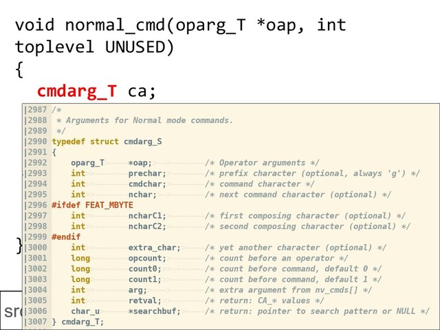 void normal_cmd(oparg_T *oap, int
toplevel UNUSED)
{
cmdarg_T ca;
int idx;
if (...) {
idx = find_command(ca.cmdchar);
ca.arg = nv_cmds[idx].cmd_arg;
(nv_cmds[idx].cmd_func)(&ca);
}
}
src/normal.c (超要約バージョン)
