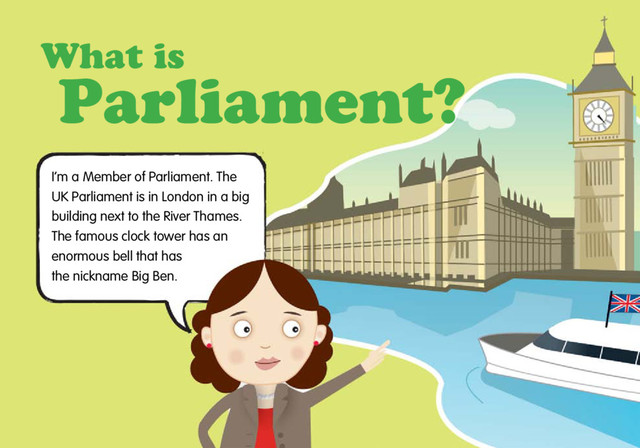 What is
Parliament?
I’m a Member of Parliament. The
UK Parliament is in London in a big
building next to the River Thames.
The famous clock tower has an
enormous bell that has
the nickname Big Ben.
