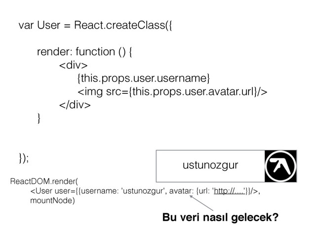 var User = React.createClass({
render: function () {
<div>
{this.props.user.username}
<img src="{this.props.user.avatar.url}/">
</div>
}
});
ustunozgur
ReactDOM.render(
,
mountNode)
Bu veri nasıl gelecek?
