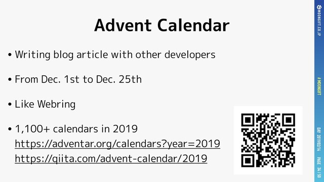 PAGE
# MOONGIFT / 50
DAY 2019/02/14
Advent Calendar
•Writing blog article with other developers
•From Dec. 1st to Dec. 25th
•Like Webring
•1,100+ calendars in 2019
https://adventar.org/calendars?year=2019
https://qiita.com/advent-calendar/2019
34
