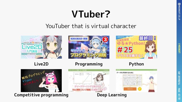 PAGE
# MOONGIFT / 50
DAY 2019/02/14
VTuber?
YouTuber that is virtual character
43
Live2D Programming Python
Competitive programming Deep Learning
