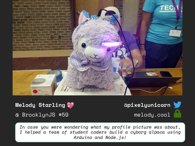 Melody Starling
@ BrooklynJS #59
@pixelyunicorn
melody.cool
In case you were wondering what my profile picture was about,
I helped a team of student coders build a cyborg alpaca using
Arduino and Node.js!
