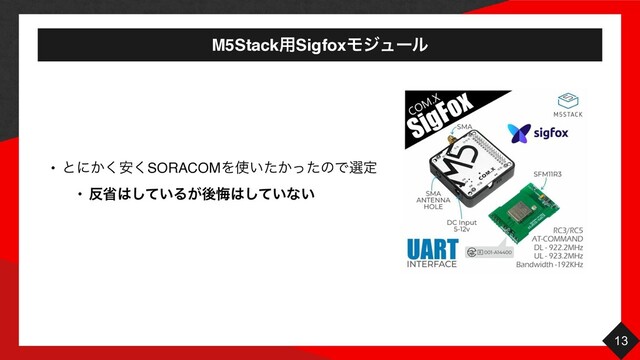 M5Stack༻SigfoxϞδϡʔϧ
13
• ͱʹ͔҆͘͘SORACOMΛ࢖͍͔ͨͬͨͷͰબఆ
• ൓ল͸͍ͯ͠Δ͕ޙչ͸͍ͯ͠ͳ͍
