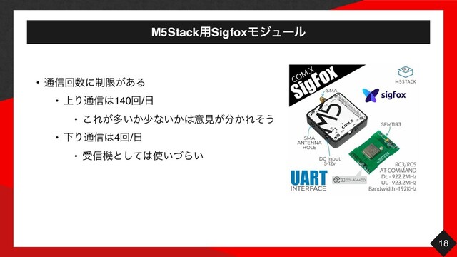 M5Stack༻SigfoxϞδϡʔϧ
18
• ௨৴ճ਺ʹ੍ݶ͕͋Δ
• ্Γ௨৴͸140ճ/೔
• ͜Ε͕ଟ͍͔গͳ͍͔͸ҙݟ͕෼͔Εͦ͏
• ԼΓ௨৴͸4ճ/೔
• ड৴ػͱͯ͠͸࢖͍ͮΒ͍
