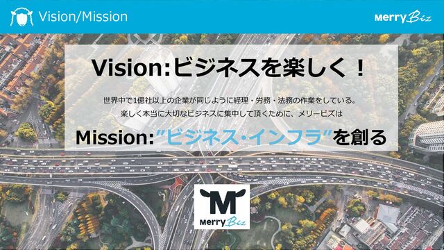 6
Vision/Mission
Vision:ビジネスを楽しく！
世界中で1億社以上の企業が同じように経理・労務・法務の作業をしている。
楽しく本当に大切なビジネスに集中して頂くために、メリービズは
Mission:”ビジネス･インフラ”を創る
7
© MerryBiz
