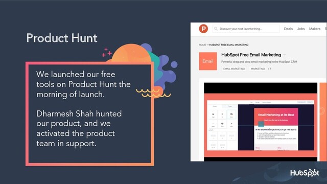 Product Hunt
We launched our free
tools on Product Hunt the
morning of launch.
Dharmesh Shah hunted
our product, and we
activated the product
team in support.
