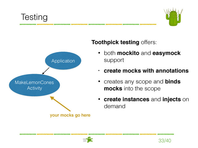 Testing
33/40
Application
MakeLemonCones 
Activity
Toothpick testing offers:
• both mockito and easymock
support
• create mocks with annotations
• creates any scope and binds
mocks into the scope
• create instances and injects on
demand
your mocks go here

