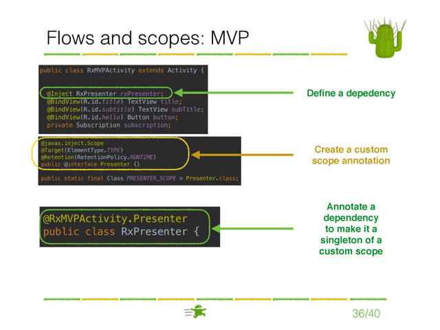 Flows and scopes: MVP
36/40
Deﬁne a depedency
Create a custom  
scope annotation
Annotate a  
dependency
to make it a  
singleton of a  
custom scope
