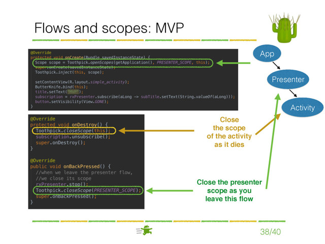 Flows and scopes: MVP
38/40
Close
the scope 
of the activity
as it dies
Close the presenter 
scope as you
leave this ﬂow
App
Presenter
Activity
