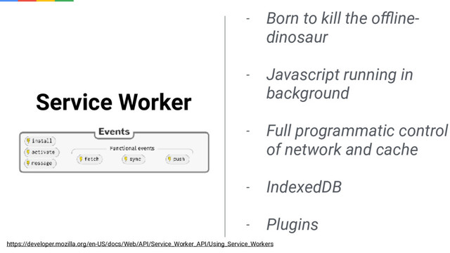Service Worker
- Born to kill the oﬄine-
dinosaur
- Javascript running in
background
- Full programmatic control
of network and cache
- IndexedDB
- Plugins
https://developer.mozilla.org/en-US/docs/Web/API/Service_Worker_API/Using_Service_Workers
