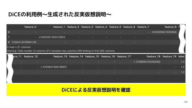 DiCEの利用例〜生成された反実仮想説明〜
11
DiCEによる反実仮想説明を確認
