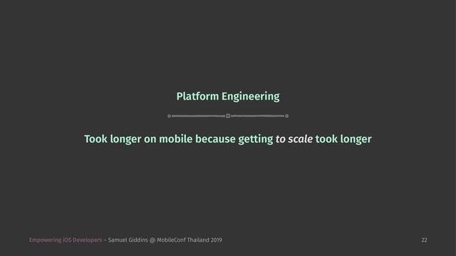 Platform Engineering
Took longer on mobile because getting to scale took longer
Empowering iOS Developers – Samuel Giddins @ MobileConf Thailand 2019 22
