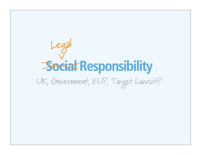 Social Responsibility
UK, Government, EU?, Target Lawsuit?
>
Legal
