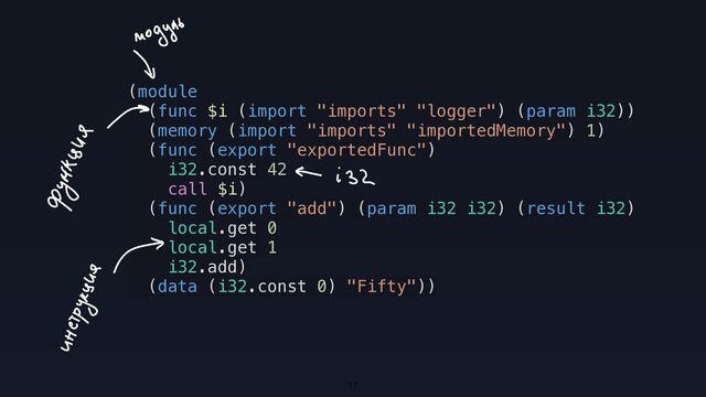 17
(module


(func $i (import "imports" "logger") (param i32))


(memory (import "imports" "importedMemory") 1)


(func (export "exportedFunc")


i32.const 42


call $i)


(func (export "add") (param i32 i32) (result i32)


local.get 0


local.get 1


i32.add)


(data (i32.const 0) "Fifty"))


