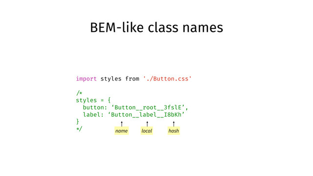 import styles from './Button.css'
/*
styles = {
button: ‘Button__root__3fslE’,
label: ‘Button__label__I8bKh’
}
*/ name local hash
BEM-like class names
