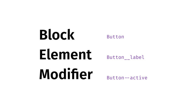 B
E
M
Block
Element
Modiﬁer
Button
Button__label
Button --active
