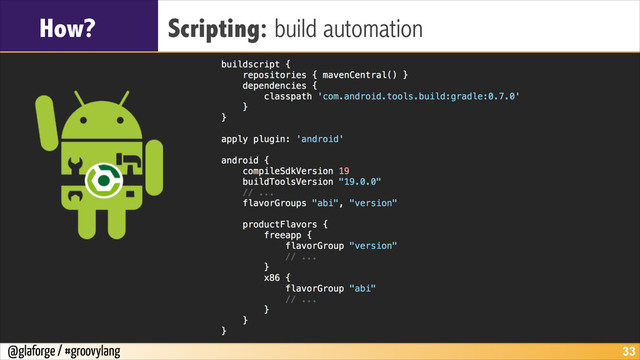 @glaforge / #groovylang
How? Scripting: build automation
!33
