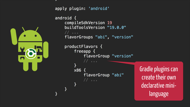 @glaforge / #groovylang
How? Scripting: build automation
!35
Gradle plugins can
create their own
declarative mini-
language
