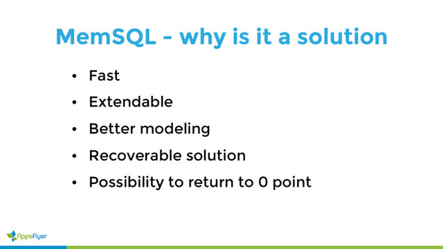 MemSQL - why is it a solution
• Fast
• Extendable
• Better modeling
• Recoverable solution
• Possibility to return to 0 point
