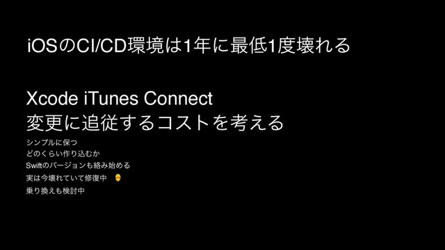 iOSͷCI/CD؀ڥ͸1೥ʹ࠷௿1౓յΕΔ
Xcode iTunes Connect
มߋʹ௥ै͢ΔίετΛߟ͑Δ
γϯϓϧʹอͭ
Ͳͷ͘Β͍࡞ΓࠐΉ͔
Swiftͷόʔδϣϯ΋བྷΈ࢝ΊΔ
࣮͸ࠓյΕ͍ͯͯम෮தɹ"
৐Γ׵͑΋ݕ౼த
