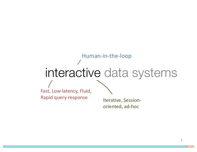 interactive data systems
1
Fast, Low-latency, Fluid,
Rapid query-response
Iterative, Session-
oriented, ad-hoc
Human-in-the-loop
