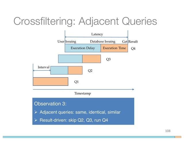 Crossfiltering: Adjacent Queries
108
Execution Time
Execution Delay
Database Issuing
User Issuing
Q1
Q2
Q3
Q4
Latency
Interval
Get Result
Timestamp
Observation 3:
Ø Adjacent queries: same, identical, similar
Ø Result-driven: skip Q2, Q3, run Q4
