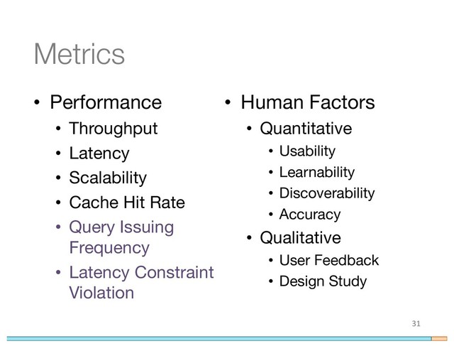 Metrics
• Performance
• Throughput
• Latency
• Scalability
• Cache Hit Rate
• Query Issuing
Frequency
• Latency Constraint
Violation
31
• Human Factors
• Quantitative
• Usability
• Learnability
• Discoverability
• Accuracy
• Qualitative
• User Feedback
• Design Study
