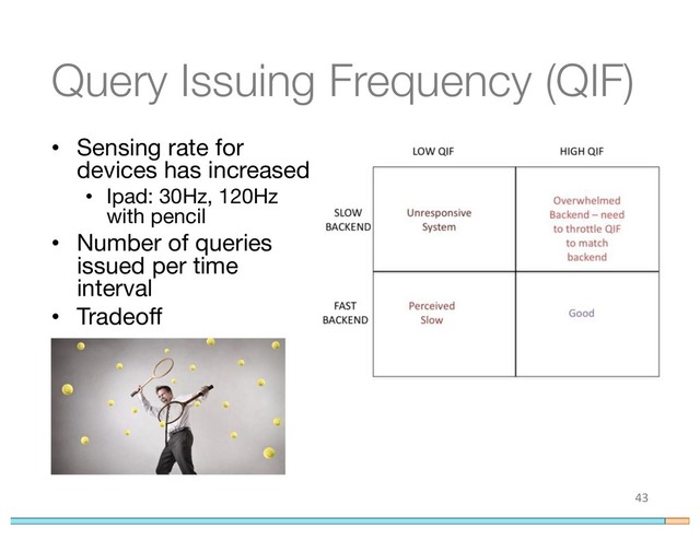 Query Issuing Frequency (QIF)
• Sensing rate for
devices has increased
• Ipad: 30Hz, 120Hz
with pencil
• Number of queries
issued per time
interval
• Tradeoff
43
