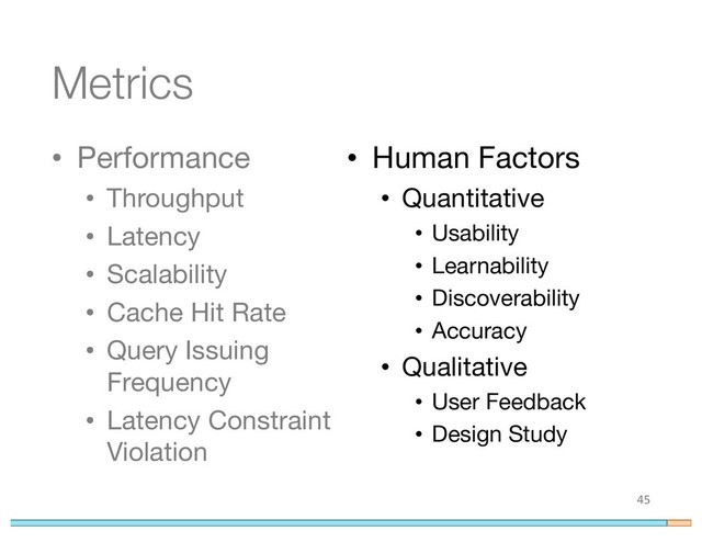Metrics
• Performance
• Throughput
• Latency
• Scalability
• Cache Hit Rate
• Query Issuing
Frequency
• Latency Constraint
Violation
45
• Human Factors
• Quantitative
• Usability
• Learnability
• Discoverability
• Accuracy
• Qualitative
• User Feedback
• Design Study
