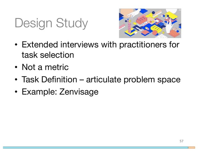 Design Study
• Extended interviews with practitioners for
task selection
• Not a metric
• Task Definition – articulate problem space
• Example: Zenvisage
57
