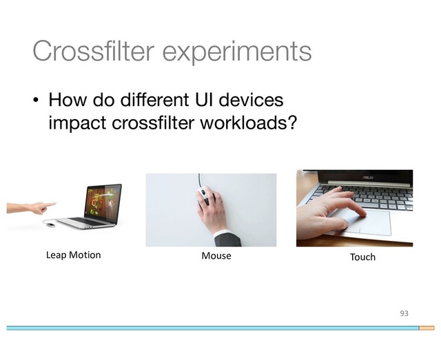 Crossfilter experiments
• How do different UI devices
impact crossfilter workloads?
93
Leap Motion Mouse Touch
