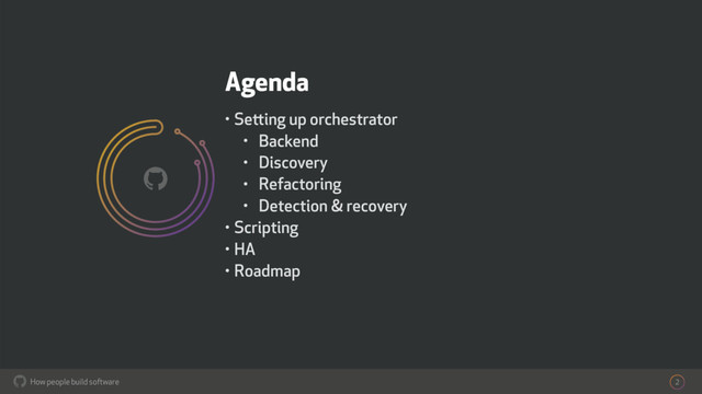 How people build software
!
Agenda
• Setting up orchestrator
• Backend
• Discovery
• Refactoring
• Detection & recovery
• Scripting
• HA
• Roadmap
2
!
