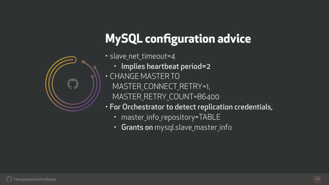 How people build software
!
MySQL conﬁguration advice
• slave_net_timeout=4
• Implies heartbeat period=2
• CHANGE MASTER TO  
MASTER_CONNECT_RETRY=1,  
MASTER_RETRY_COUNT=86400
• For Orchestrator to detect replication credentials,
• master_info_repository=TABLE
• Grants on mysql.slave_master_info
38
!
