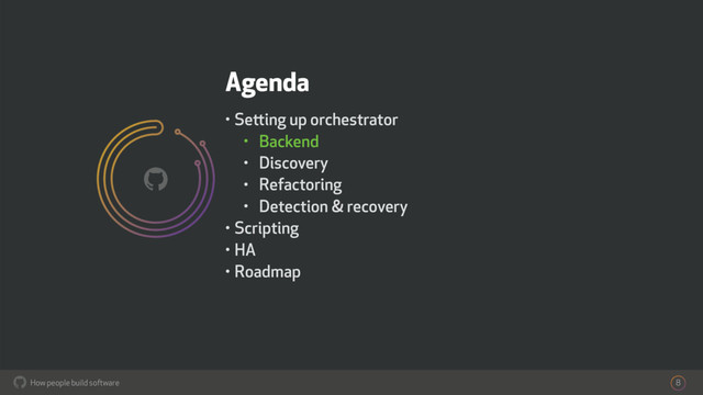 How people build software
!
Agenda
• Setting up orchestrator
• Backend
• Discovery
• Refactoring
• Detection & recovery
• Scripting
• HA
• Roadmap
8
!
