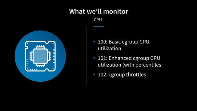 • 100: Basic cgroup CPU
utilization
• 101: Enhanced cgroup CPU
utilization (with percentiles
• 102: cgroup throttles
What we’ll monitor
CPU
