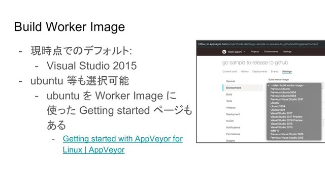 Build Worker Image
- 現時点でのデフォルト:
- Visual Studio 2015
- ubuntu 等も選択可能
- ubuntu を Worker Image に
使った Getting started ページも
ある
- Getting started with AppVeyor for
Linux | AppVeyor
