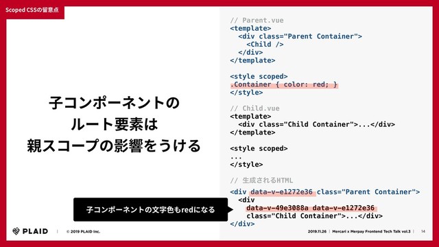 Scoped CSSの留意点
14
ɹɹʛɹɹ© 2019 PLAID Inc. 2019.11.26 ʛ Mercari x Merpay Frontend Tech Talk vol.3 ʛɹ
⼦コンポーネントの
ルート要素は
親スコープの影響をうける
// Parent.vue

<div class="Parent Container">

</div>


.Container { color: red; }

// Child.vue

<div class="Child Container">...</div>


...

// ੜ੒͞ΕΔHTML
<div class="Parent Container">
<div class="Child Container">...</div>
</div>
⼦コンポーネントの⽂字⾊もredになる
