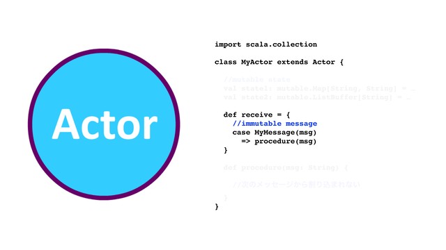 import scala.collection
class MyActor extends Actor {
//mutable state
val state1: mutable.Map[String, String] = …
val state2: mutable.ListBuffer[String] = …
def receive = {
//immutable message
case MyMessage(msg)
=> procedure(msg)
}
def procedure(msg: String) {
//࣍ͷϝοηʔδ͔ΒׂΓࠐ·Εͳ͍
}
}
