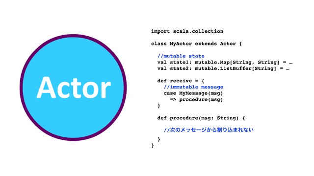 import scala.collection
class MyActor extends Actor {
//mutable state
val state1: mutable.Map[String, String] = …
val state2: mutable.ListBuffer[String] = …
def receive = {
//immutable message
case MyMessage(msg)
=> procedure(msg)
}
def procedure(msg: String) {
//࣍ͷϝοηʔδ͔ΒׂΓࠐ·Εͳ͍
}
}
