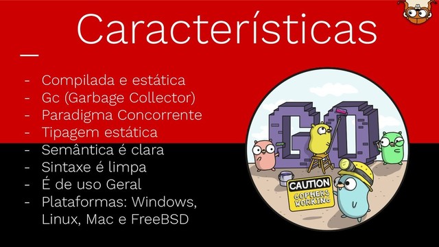 - Compilada e estática
- Gc (Garbage Collector)
- Paradigma Concorrente
- Tipagem estática
- Semântica é clara
- Sintaxe é limpa
- É de uso Geral
- Plataformas: Windows,
Linux, Mac e FreeBSD
Características
