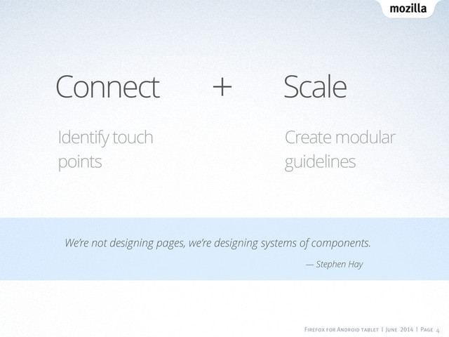 Firefox for Android tablet | June 2014 | Page 4
Connect Scale
Identify touch
points
Create modular
guidelines
+
We’re not designing pages, we’re designing systems of components.
— Stephen Hay
